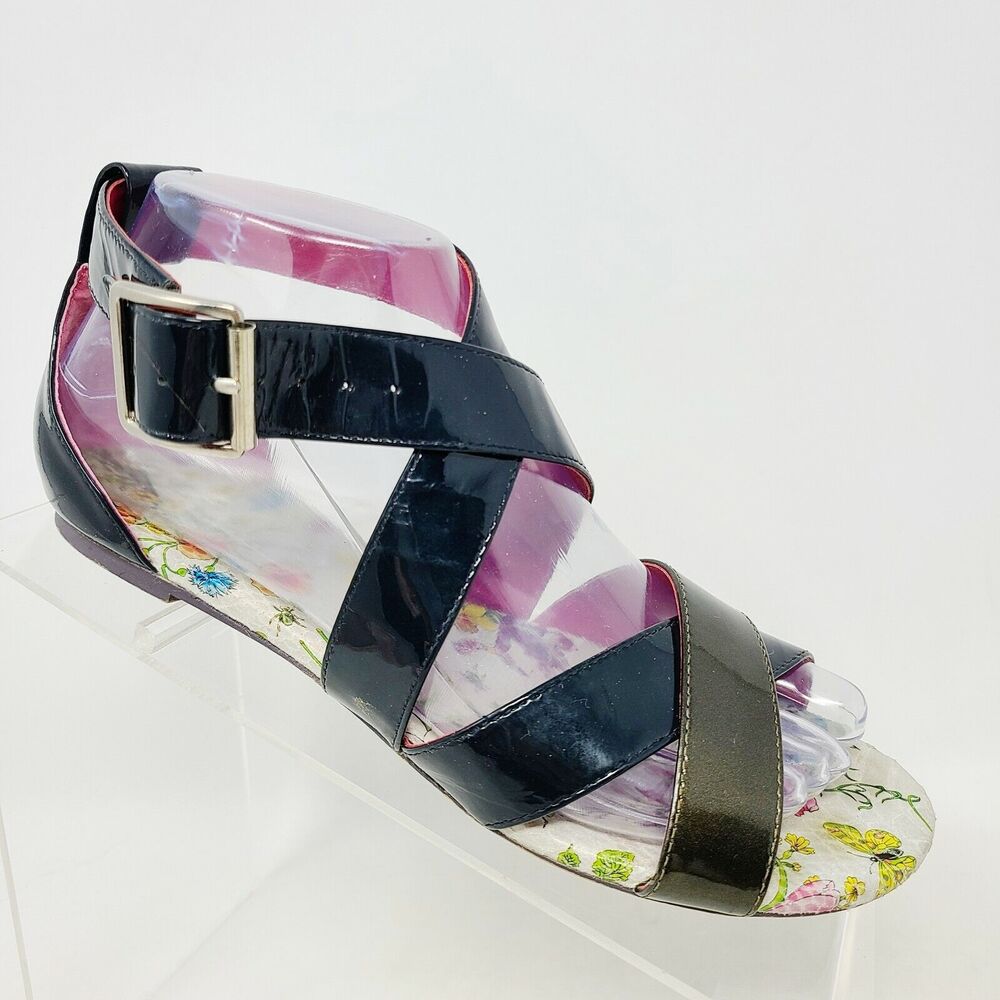 Shoes of Prey Sandals Flats Black Bronze Straps Sz 6 US / 36 EU Floral Insoles